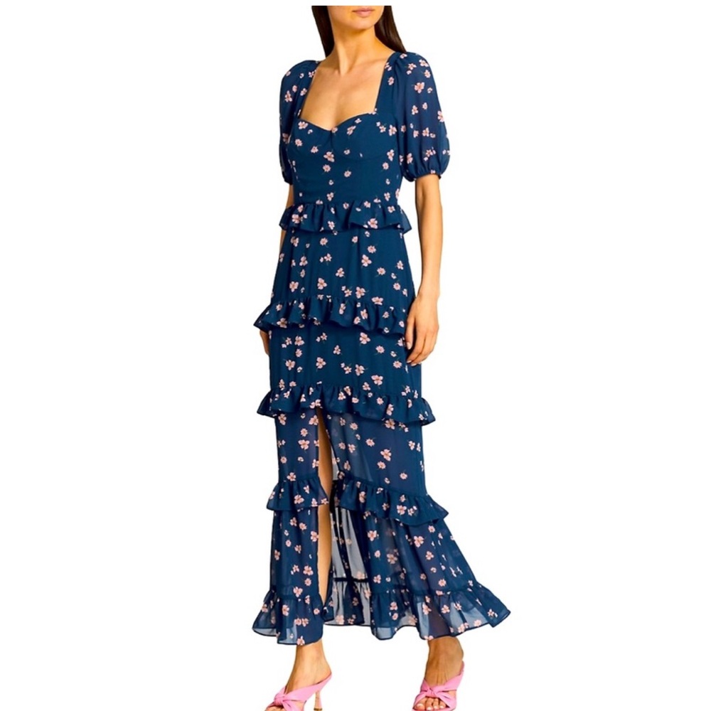 NWOT Bloomingdale's WAYF Bustier Tiered Maxi Blue Pink Floral Maxi Gown Dress